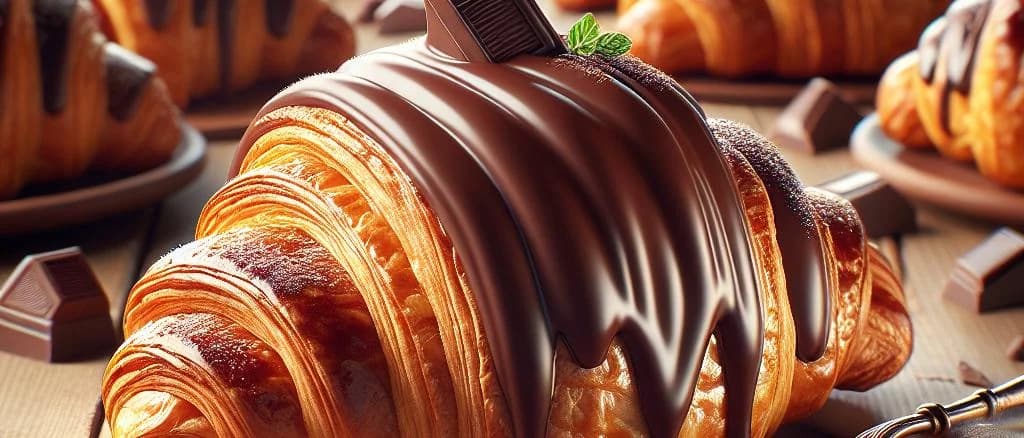 assorted chocolate-filled croissants on a rustic wood background