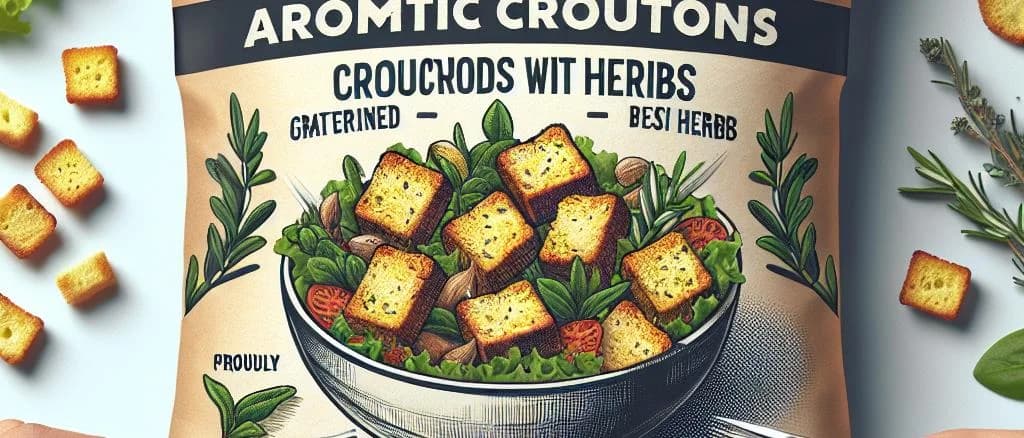variety of croutons with herbs in different packaging on a wooden background