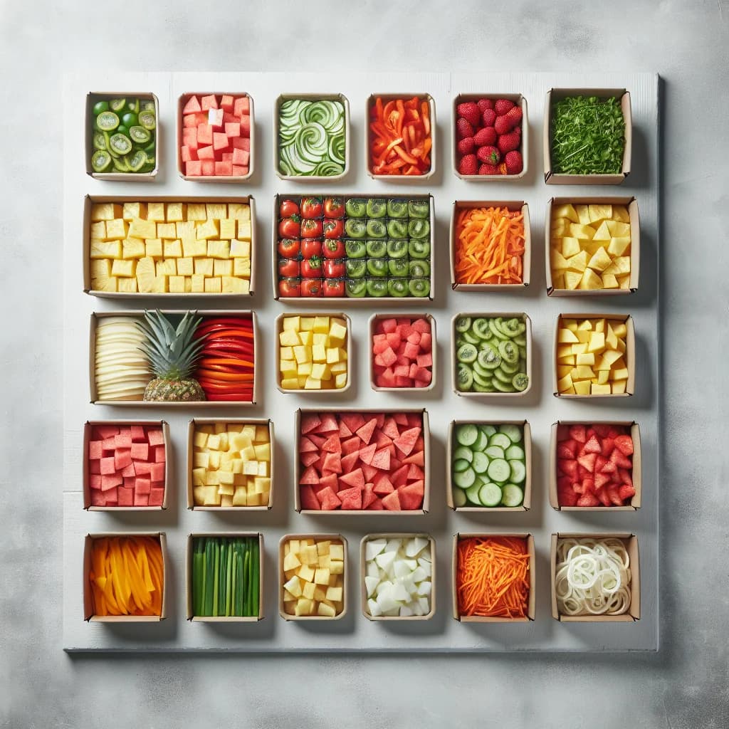 cut fruit and vegetable assortment with clear packaging against a clean white background