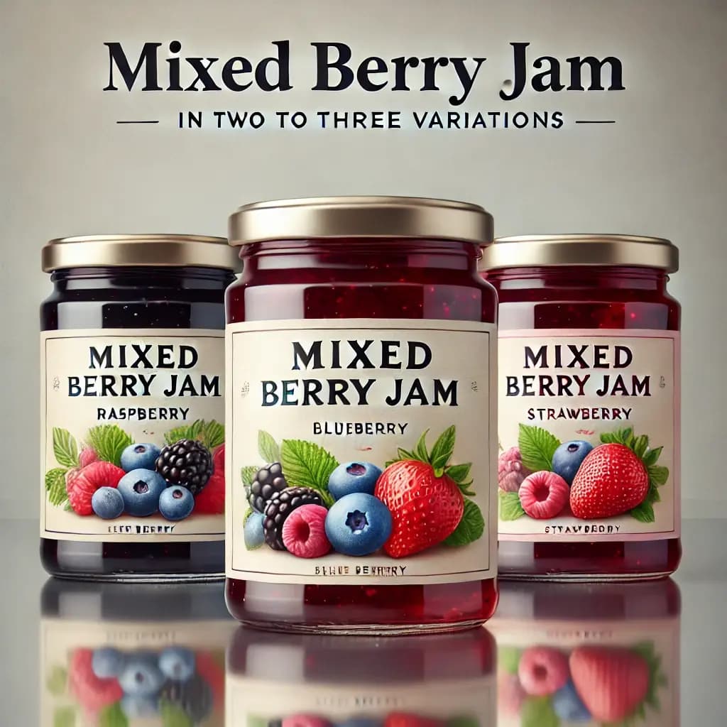 Mixed Berry Jams in various jar packaging on a rustic wooden table with a backdrop of fresh berries and leaves.