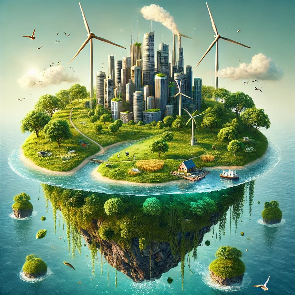 A green earth with windmills