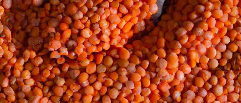 Decorticated red lentils in various packaging on a wooden table