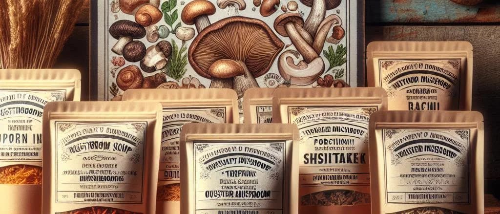 assortment of dehydrated mushroom soup packaging variations on a rustic wooden background
