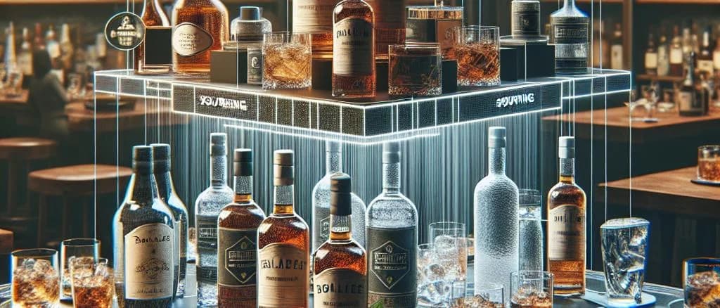 Variety of distilled beverage bottles with diverse packaging designs