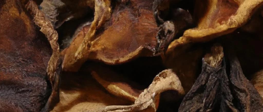 Various packaging options of Dried Horn Of Plenty Mushrooms on a rustic wooden background, showcasing product diversity and presentation.