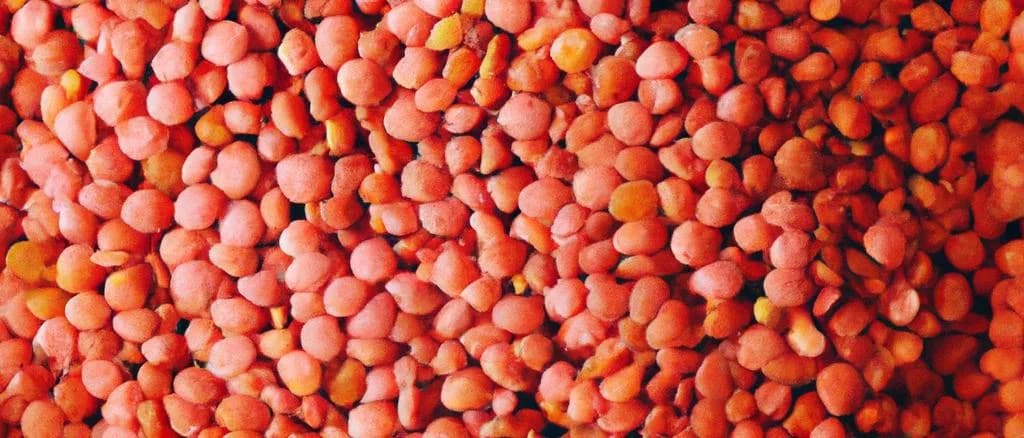 Assorted dried pink lentils on a rustic wooden background with various packaging options