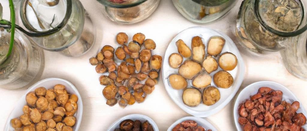 Dried plant-based foods in various packaging on a neutral background