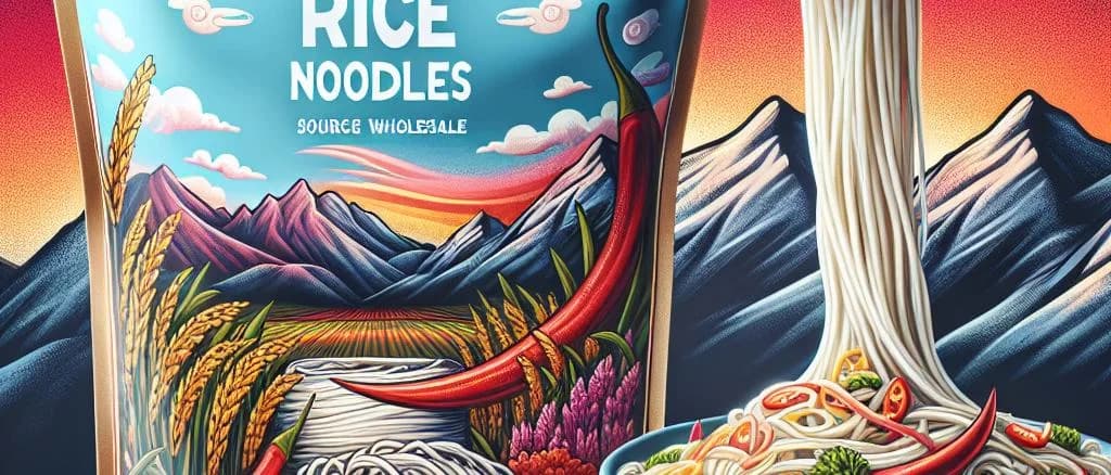 Assorted dried rice noodles with varied packaging on a textured background