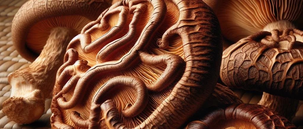 Assorted dried shiitake mushrooms on wooden background with packaging variations