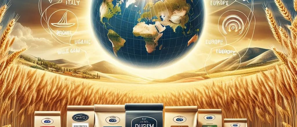 Assorted durum wheat flour bags with rustic background