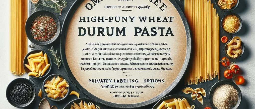 Durum wheat pasta variations in diverse packaging on a minimalist background