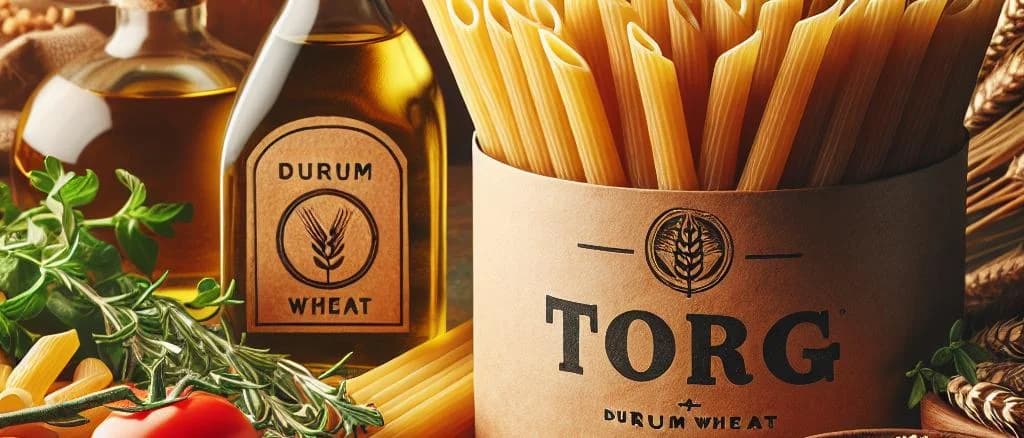 Durum wheat penne variations with different packaging on wooden table