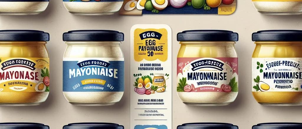 variety of egg-free mayonnaise jars with different flavors on a wooden table