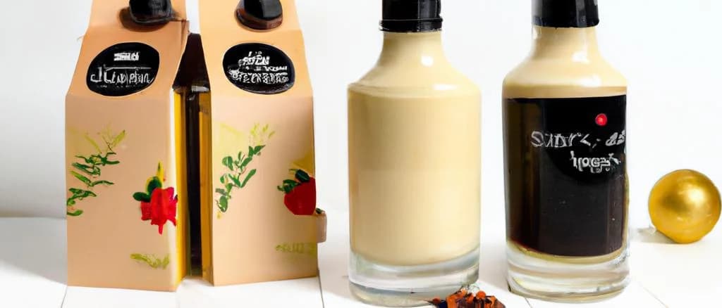 Various non-alcoholic eggnog options on a rustic wooden table, each in unique packaging