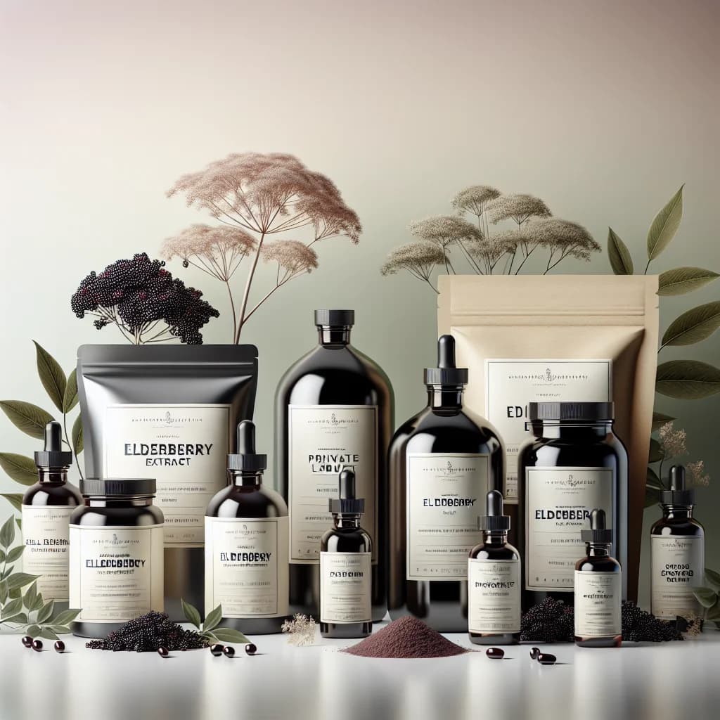 variety of elderberry extract products in private label and bulk packaging on a clean, professional background
