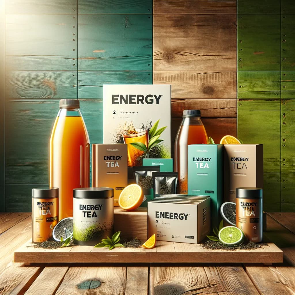 variety of energy tea packaging on wooden counter, highlighting different flavors and formats like cans, bottles, and tea sachets