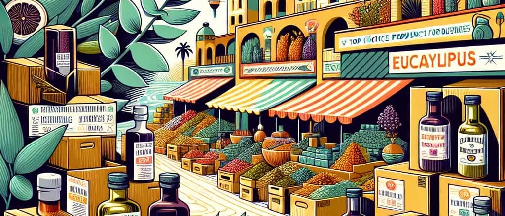 Various eucalyptus products on neutral background, showcasing essential oils, leaves, and skincare items