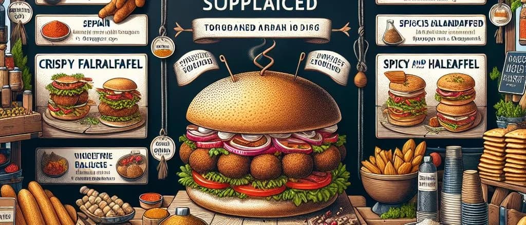 variety of falafel sandwiches with diverse packaging on a wooden table