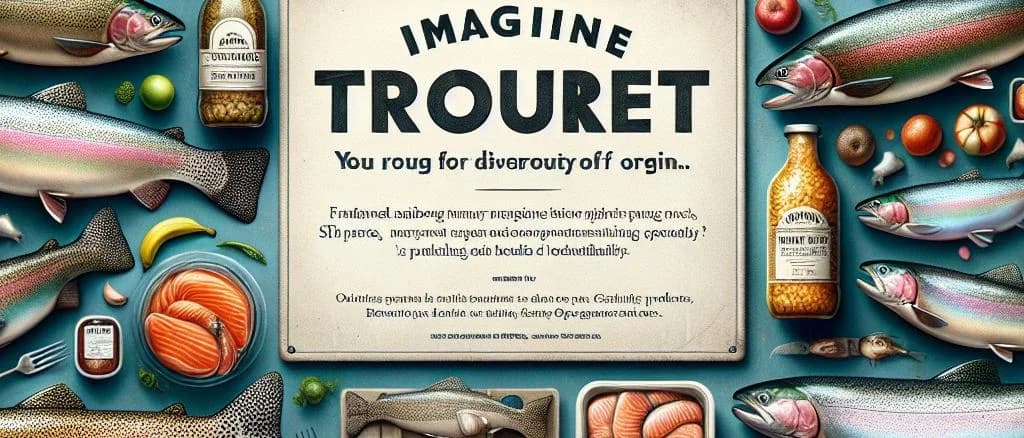 varied packaging of farmed rainbow trout on a rustic wooden background