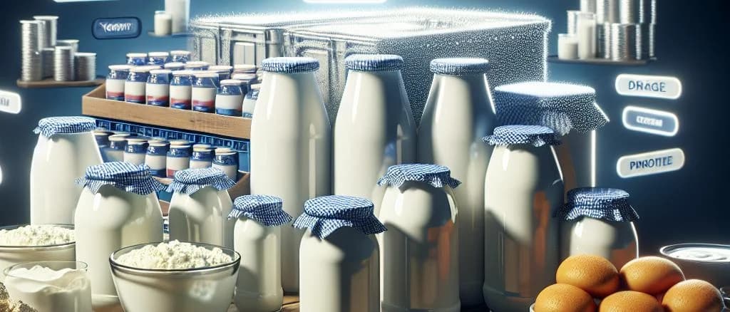 assorted fermented milk products including yogurt, kefir, and buttermilk