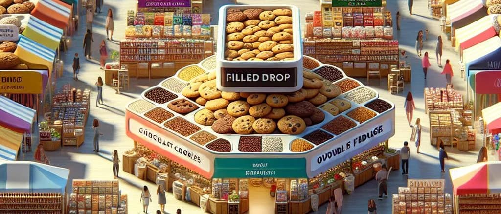 Assorted filled drop cookies with various fillings and packaging