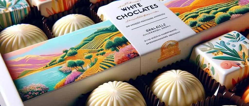assorted filled white chocolates with varied fillings and elegant packaging on a textured background