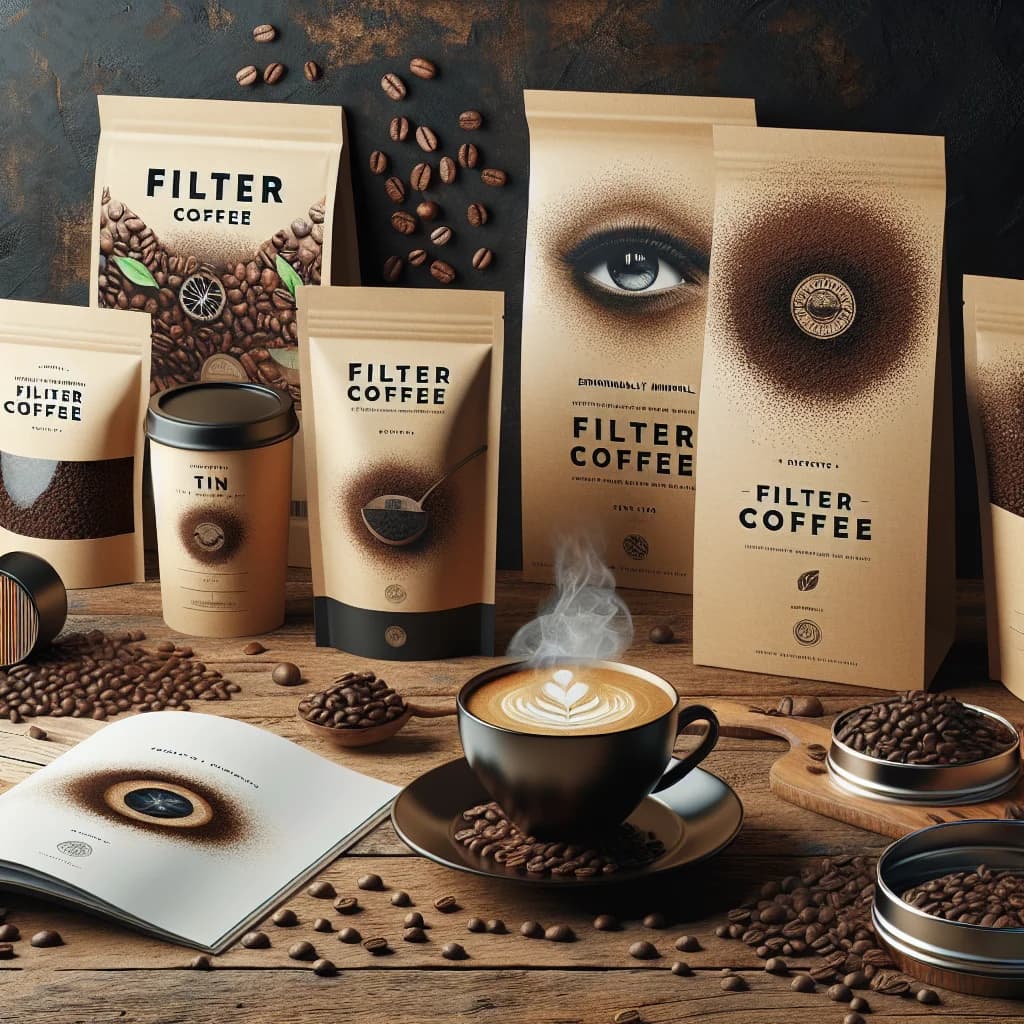assorted filter coffee packaging with rich coffee textures in a minimalist background