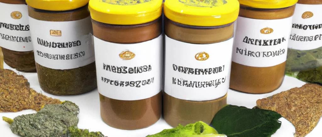 assortment of Fines Herbes Mustards in various packaging on a rustic background