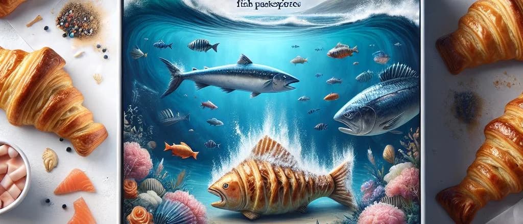 Selection of fish in puff pastry variations on wooden background