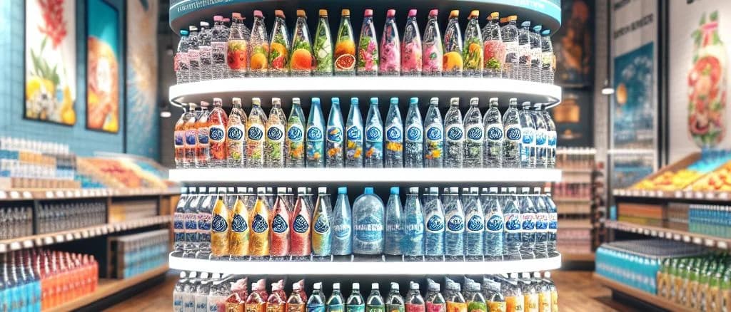 flavored spring water bottles on a wooden display with various flavors