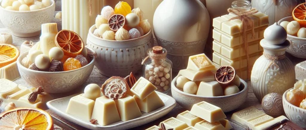 Various packs of flavoured white chocolates with elegant packaging