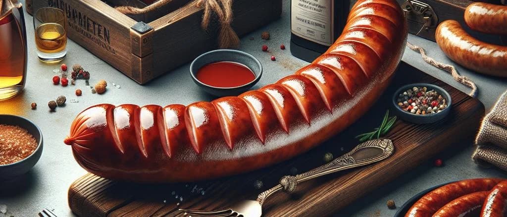 Various Frankfurter Sausage packages on a wooden table with spices