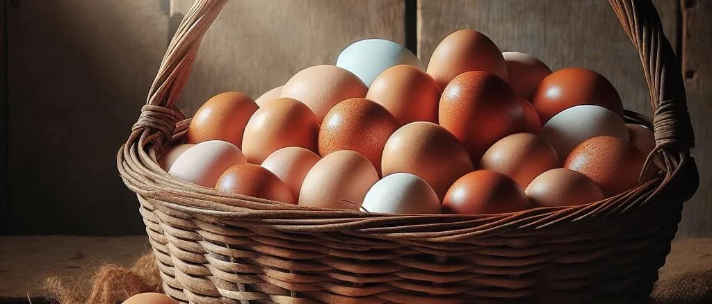 Selection of free-range chicken eggs in various packaging on a rustic wooden table