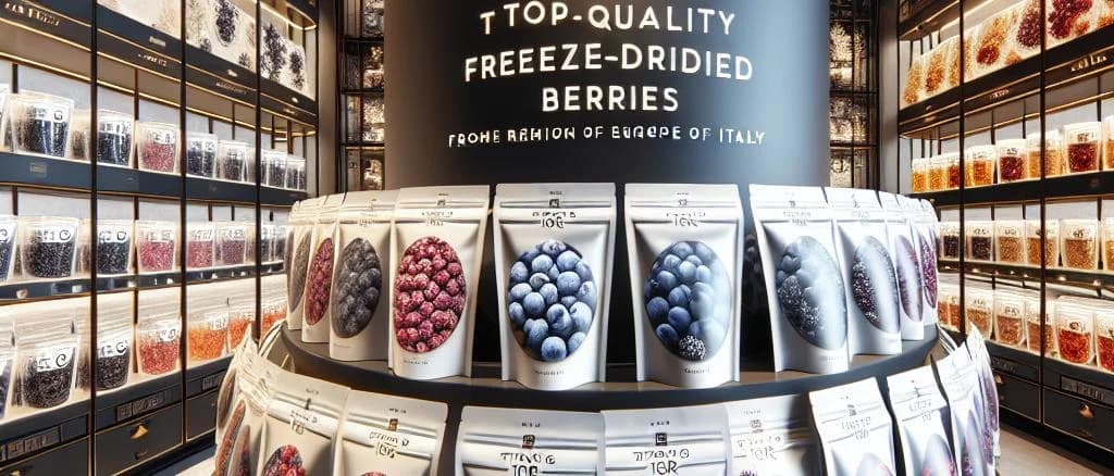 assorted freeze dried berries in different packaging on a rustic wooden table