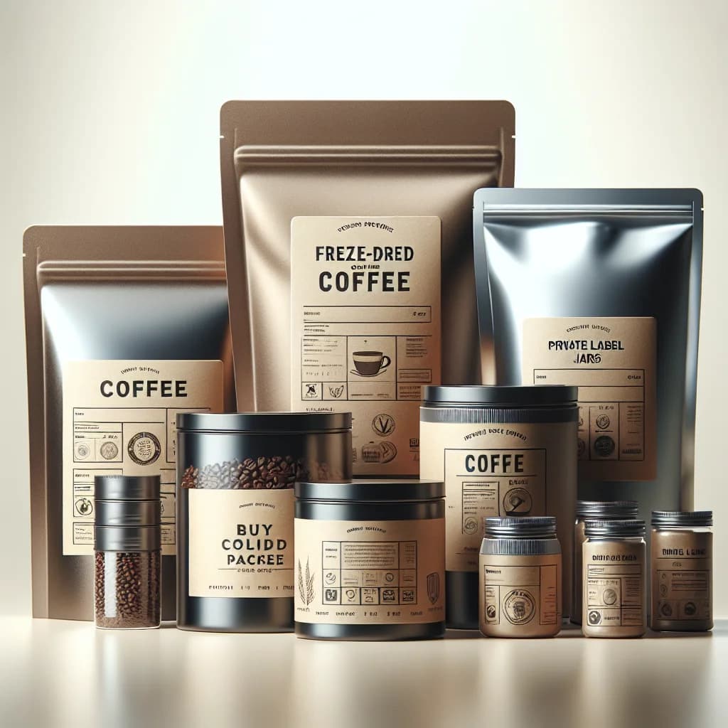 freeze dried coffee packaging variations on neutral background