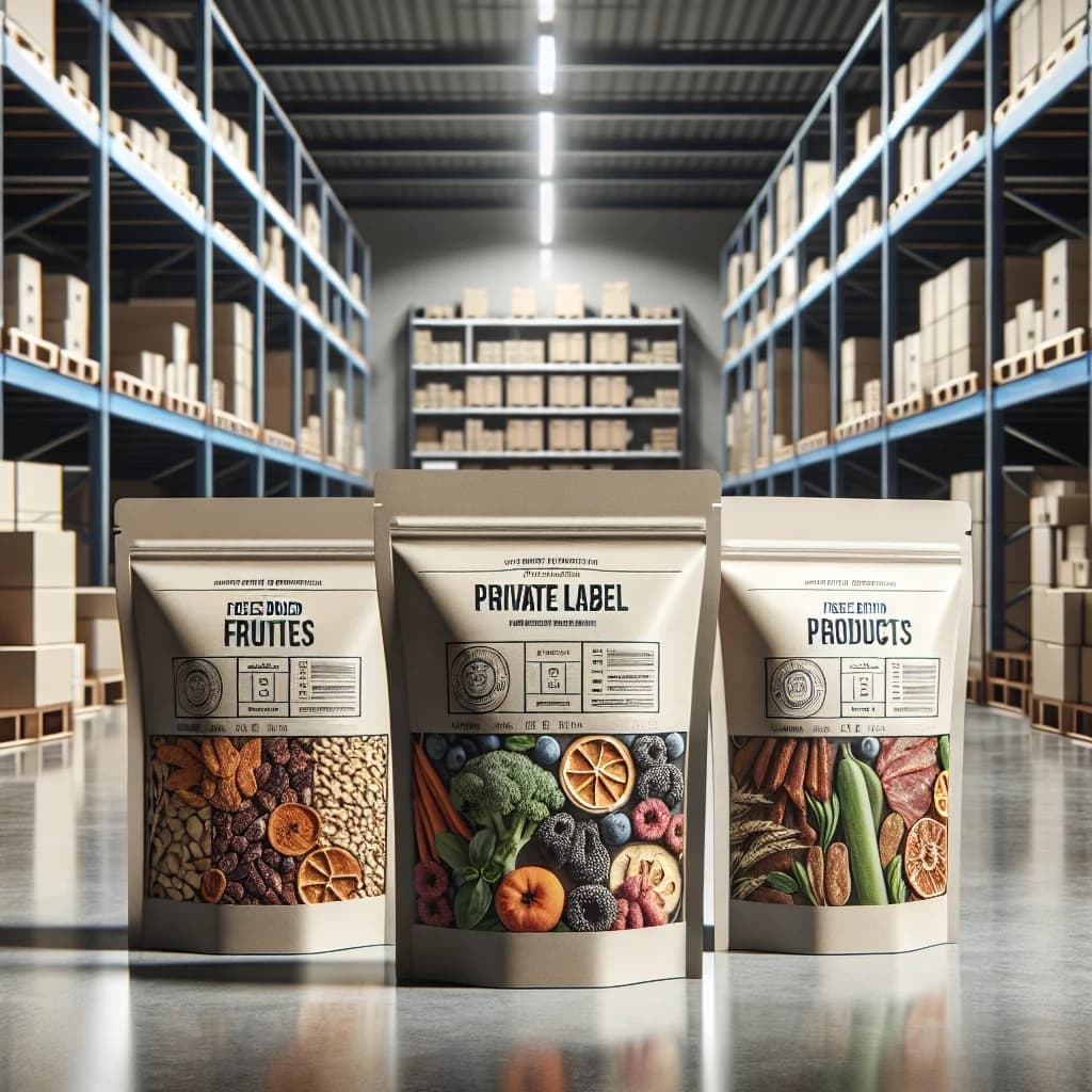 assorted freeze dried food products in bulk packaging with a minimalist warehouse background