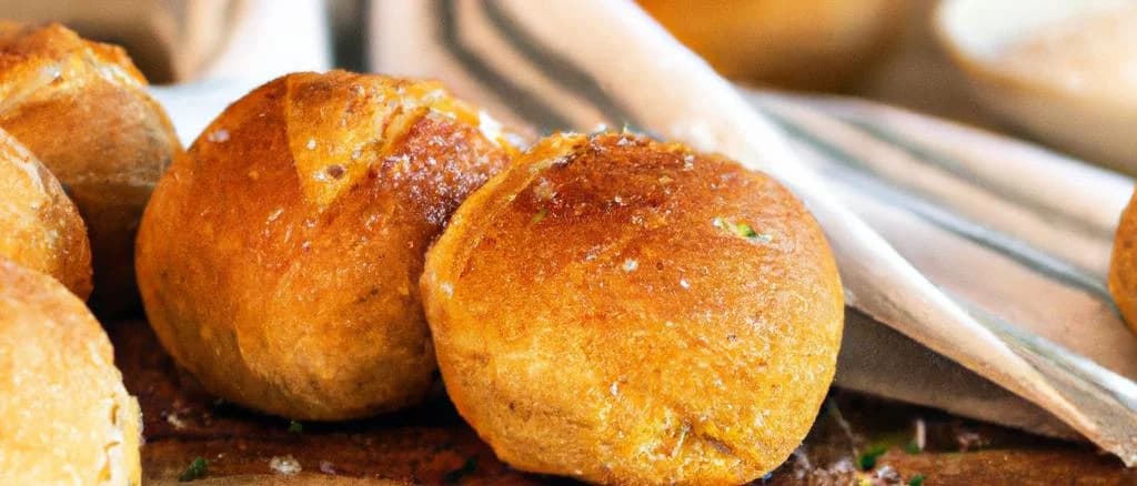 Three French bread balls with varied textures and toppings positioned on a wooden table