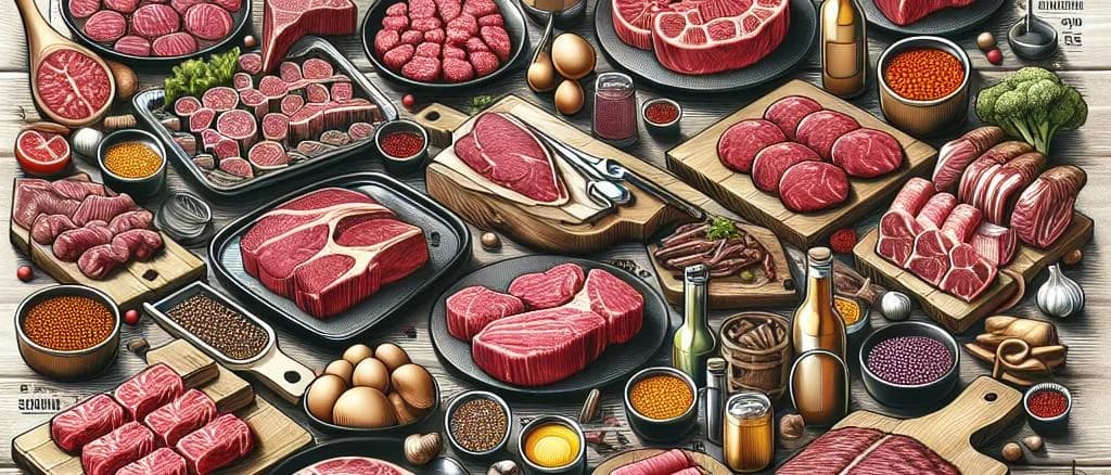 varied fresh beef preparations in different packaging options on a wooden table