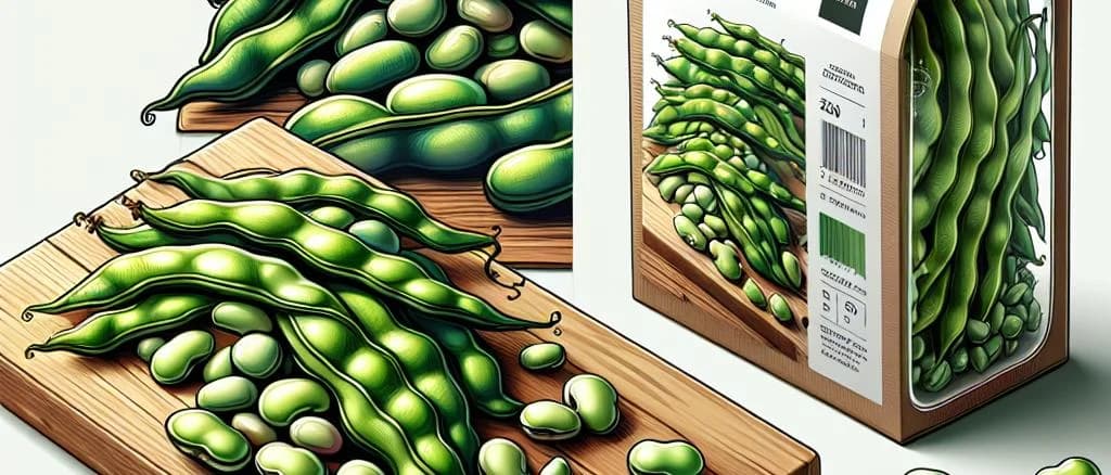 fresh broad beans with different packaging options on a wooden table