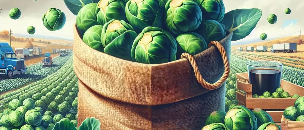 Fresh Brussels sprouts on a wooden background with various packaging options