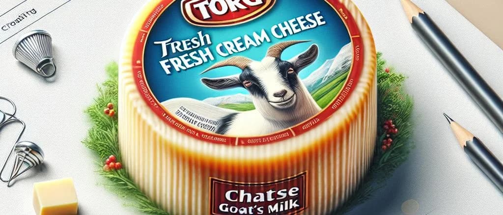 Fresh Cream Cheese With Goat's Milk in various packaging options on a rustic wooden background