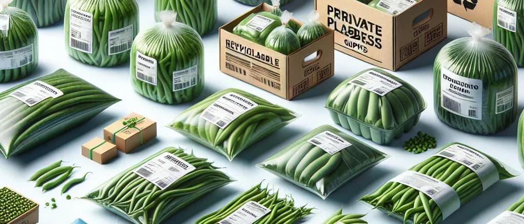 fresh green beans in assorted packaging against a natural background
