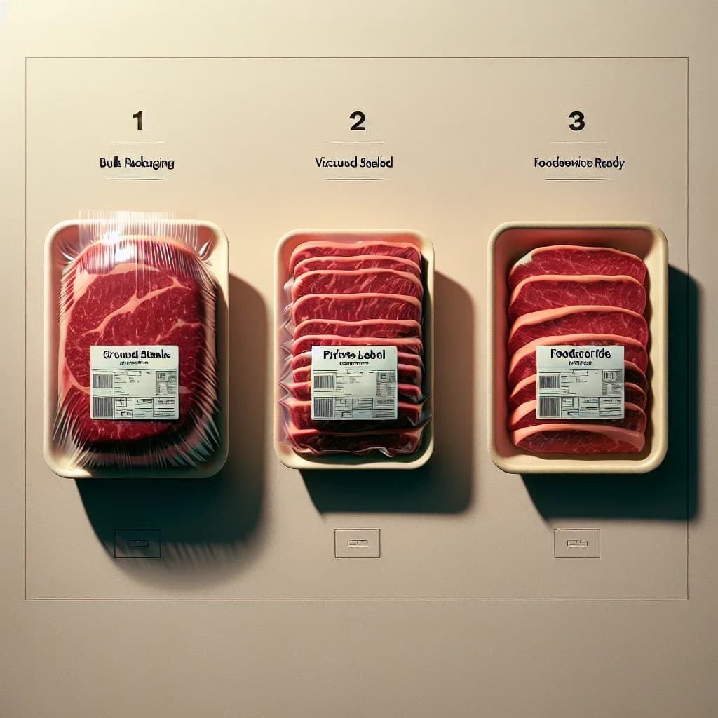 fresh ground steaks in varied packaging for wholesale and private label, displayed on a clean white background