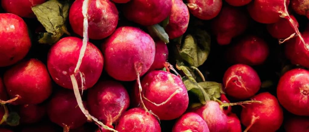 Fresh red radishes with various packaging on a market stall