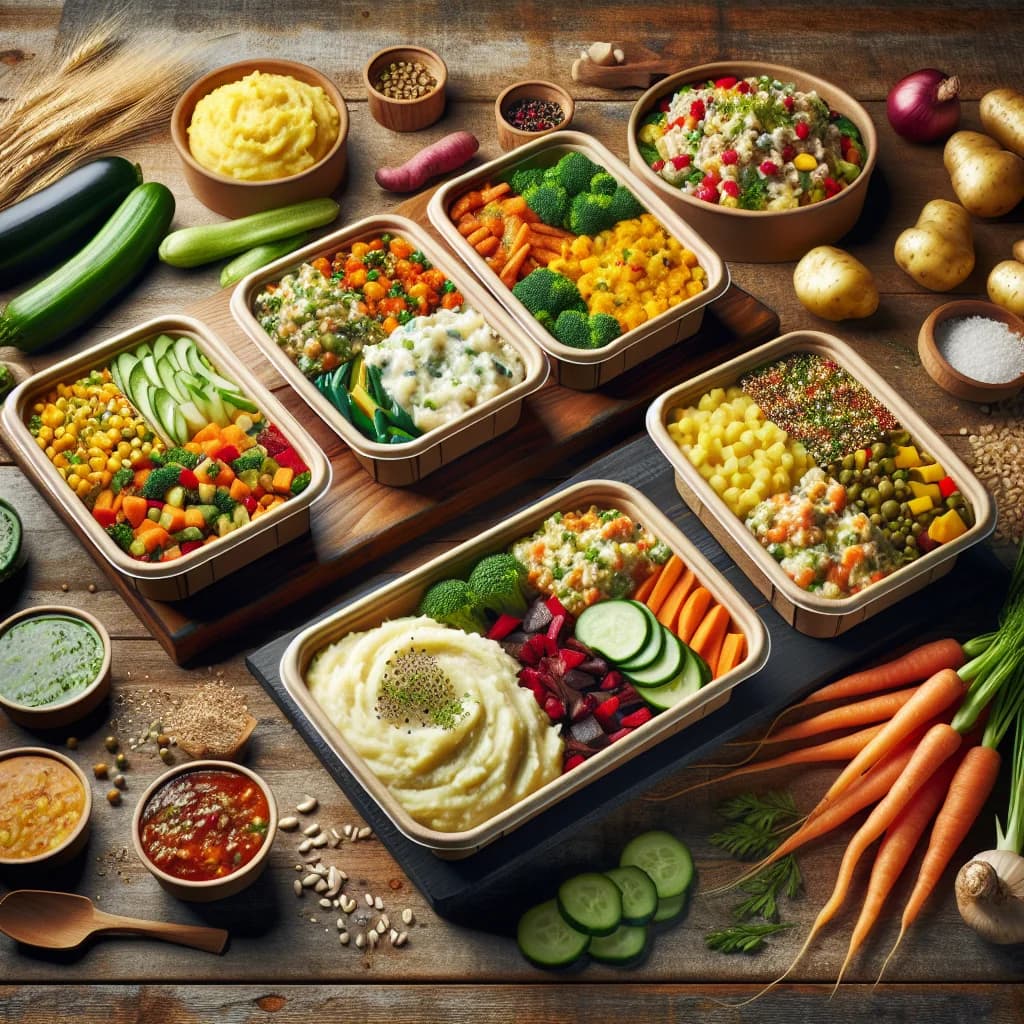 fresh side dishes in sustainable packaging with a rustic background