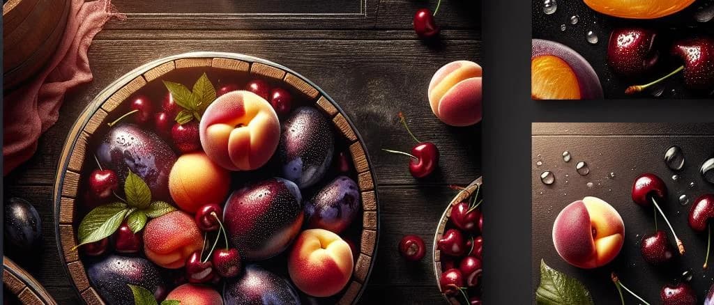 Variety of fresh stone fruits with unique packaging