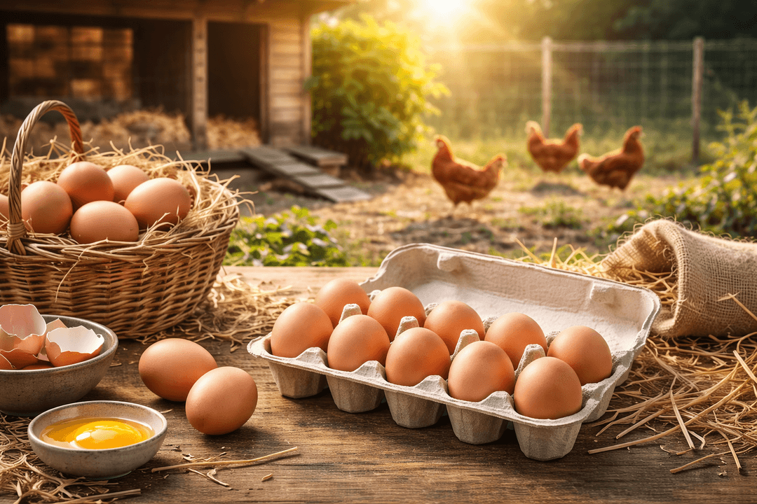 Fresh farm eggs on a rustic table