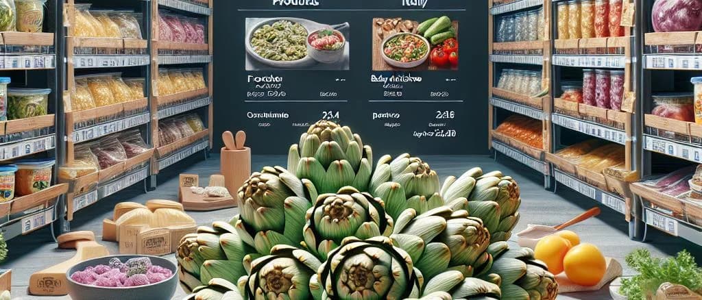Variety of frozen baby artichokes with packaging options on neutral background