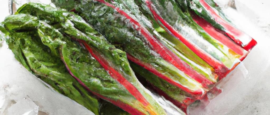 Frozen chard leaves in various packaging options with a vibrant background