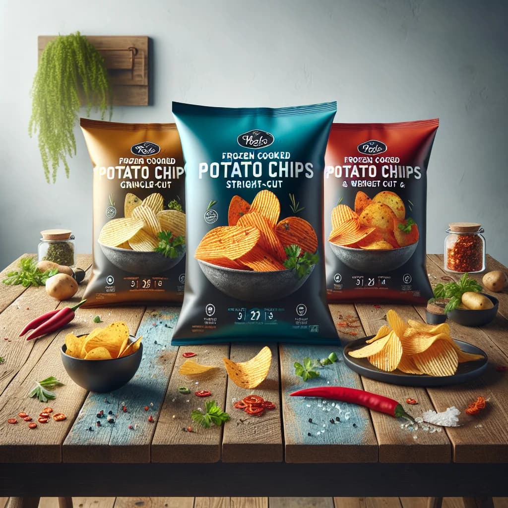 Frozen cooked spiced potato chips in vibrant packaging, displayed on a rustic wooden background with seasonal herbs and spices around the product.